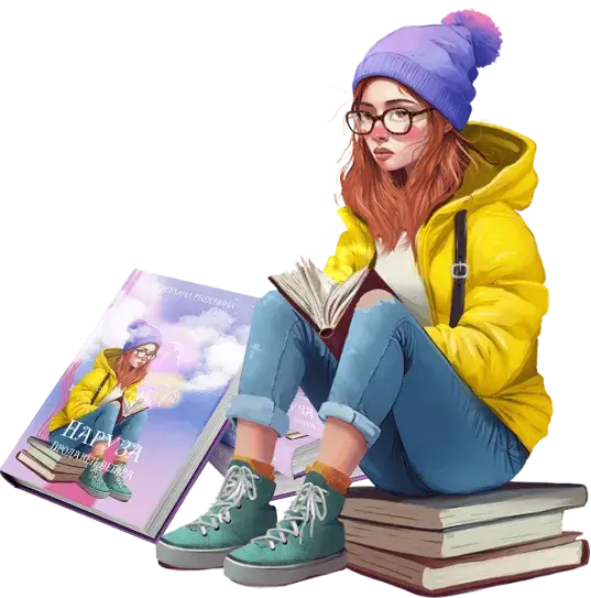 Young female author sitting on stack of books reading - Lakewood Publishers book writing services